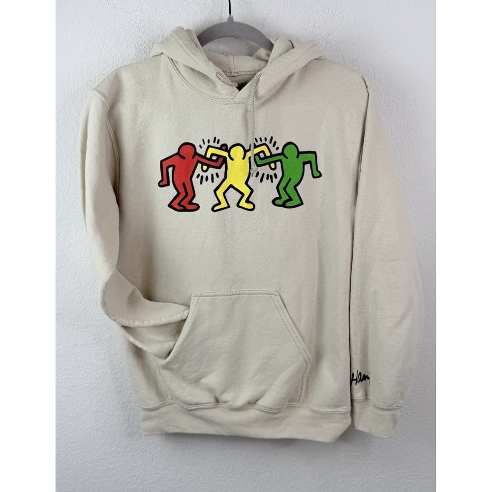 Keith Haring Hoodie Sz S Beige Dancing Figures Pop Art Graphic Sweatshirt